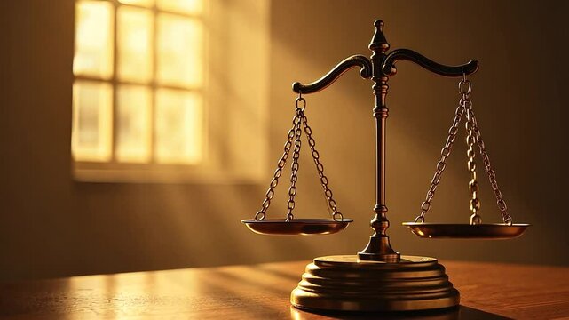 Golden antique metal scales of justice on a table with a window in the background, golden light, sideways dolly shot