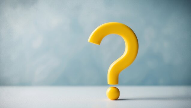 A bright yellow question mark is displayed prominently on a calm blue background.