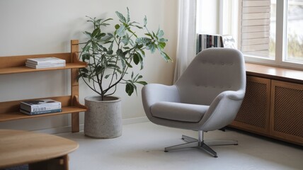 Modern Living Room with Cozy Chair and Indoor Plant. A stylish living room featuring a comfortable gray chair next to a leafy indoor plant and a shelf filled with books.