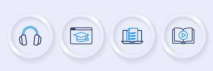Set line Audio book, Online quiz, test, survey, education and Headphones icon. Vector