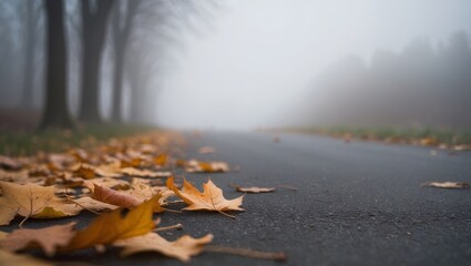 Fallen Autumn Leaves on Foggy Pathway in Early Morning.