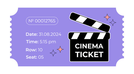 Groovy cinema ticket with clapperboard icon on purple background. Movie coupon design template 2000s, retro sticker with  hand-drawn film clapper.  Vector illustration