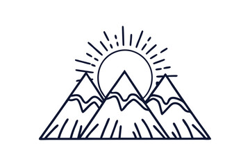 Mountain range with sun vector line art illustration transparent white background