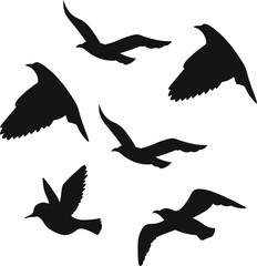 Flying birds silhouette flock. hand drawing. Not AI, Vector illustration