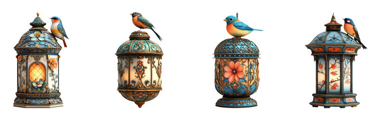 Colorful Lanterns with Birds on Transparent Background