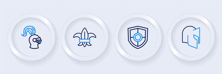 Set line Medieval helmet, Shield, Fleur de lys or lily flower and icon. Vector