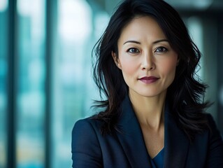 Fototapeta premium Professional portrait of a confident Asian businesswoman in a modern corporate setting with soft natural lighting