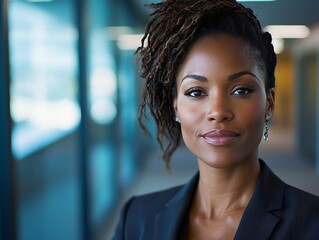 Obraz premium Professional portrait of a confident Black businesswoman in a modern corporate office with soft natural lighting