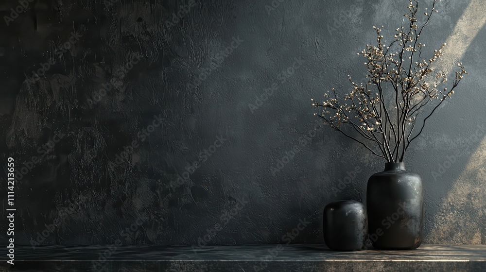 Poster dark moody scene with rugged textures and elegant vases against a deep background