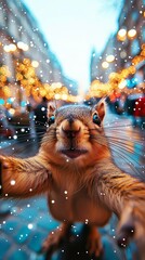 Festive squirrel selfie in a snow-covered holiday street with glowing lights and a Christmas tree