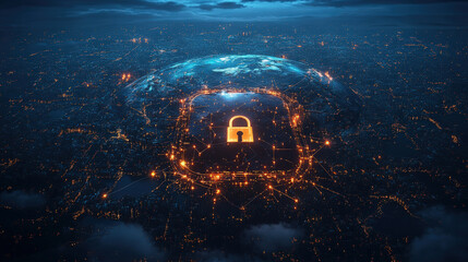 Abstract aerial view of a digital world with illuminated city landscape and locked padlock symbol representing cybersecurity and data protection concepts
