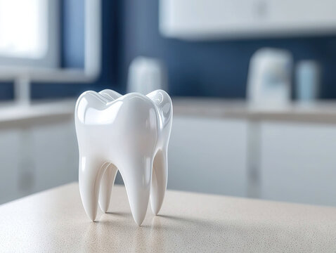 White molar mockup on table in modern dentist room symbolizing dental care