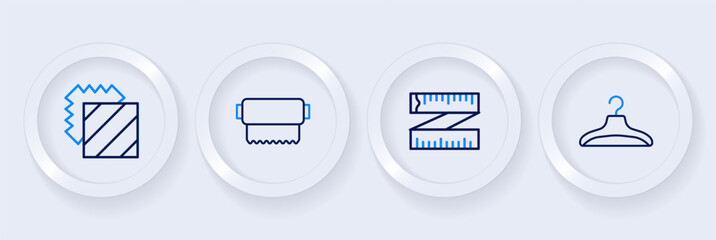 Set line Hanger wardrobe, Tape measure, Textile fabric roll and Layers clothing textile icon. Vector