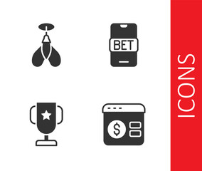 Set Online poker table game, Dart arrow, Casino trophy cup and sports betting icon. Vector