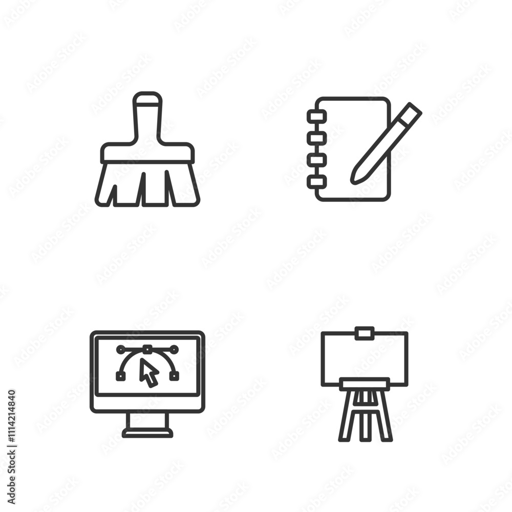 Aufkleber set line wood easel, computer with design program, paint brush and notebook icon. vector