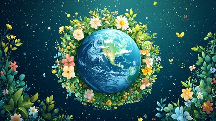 Vector design of Earth surrounded by a vibrant halo of flowers and greenery