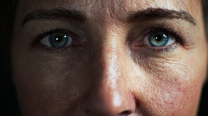 Fototapeta premium Close-up of a woman with striking blue eyes and detailed skin texture in natural lighting