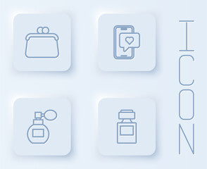 Set line Handbag, Mobile with heart, Perfume and . White square button. Vector