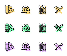Set line Wax crayons for drawing, Color palette guide, Paint spray and brush icon. Vector