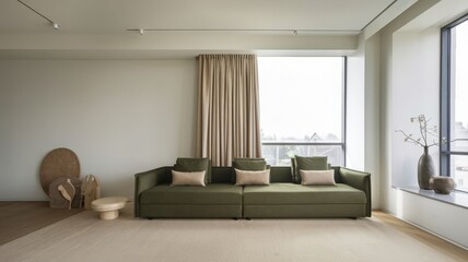 Modern Living Room with Green Sofa and Minimalist Decor. Explore this serene modern living room featuring a green sofa, natural elements, and minimalist design for a calming ambiance.