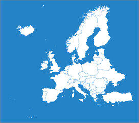 Blank map of Europe on blue with borders of the region. Vector illustration