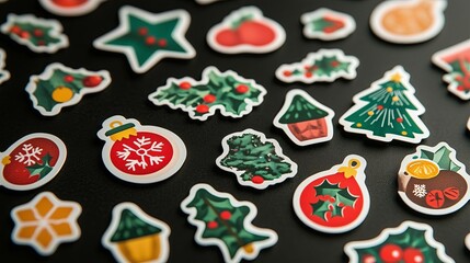 Fototapeta premium A collection of Christmas decorations including a star, tree, and ornaments. The decorations are arranged in a pattern on a black background