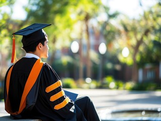 A young graduate in cap and gown reflects on accomplishments in a beautiful outdoor setting, symbolizing success and new beginnings.