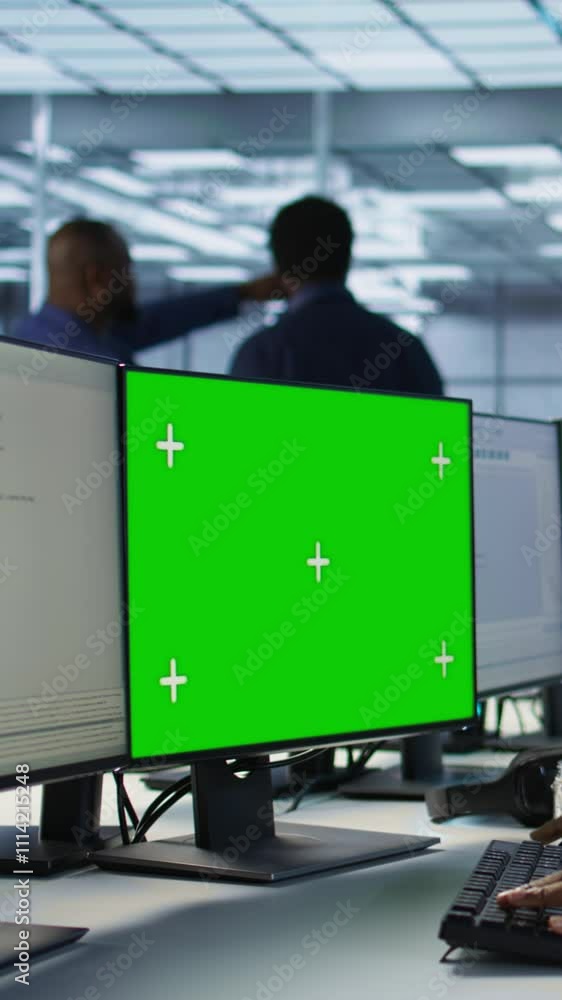 Poster vertical video technician using isolated screen computer, working in server farm to optimize it for 