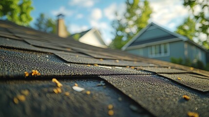 Asphalt Shingle Roof Close Up Showing House Background