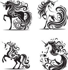 Unicorn Silhouette Icons - Black Mythical and Fantasy Creature Design Set