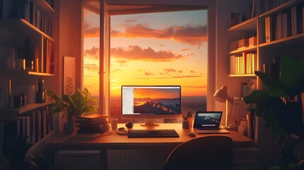 Fototapeta premium Cozy workspace with sunset view, plants, and modern tech setup in a warm atmosphere.