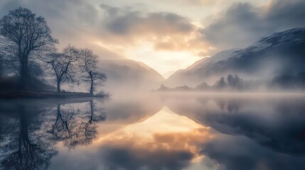 Obraz premium Misty sunrise over calm lake with mountain reflection.