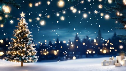 Naklejka premium A Christmas tree is lit up with lights and surrounded by snow. The scene is peaceful and serene, with the tree standing tall in the snow