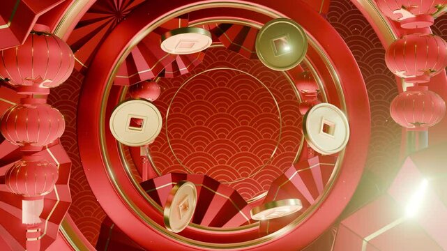 Dynamic red and gold background featuring traditional Chinese coins, lanterns, and festive patterns in a tunnel-like perspective.