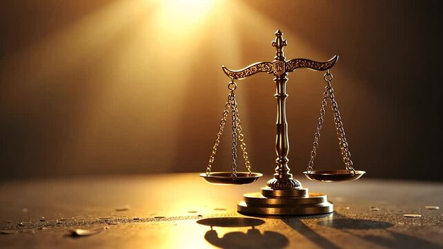 Golden antique metal scales of justice on golden light background, sideways dolly shot
