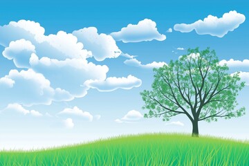 Obraz premium Sky blue with cloud background,Spring landscape with green grass field and tree on mountain,Panorama Nature Summer rural with copy space,Cute Cartoon vector illustration backdrop banner for Easter 