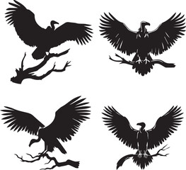 Vulture Silhouette Icons - Black Bird of Prey and Wildlife Design Set