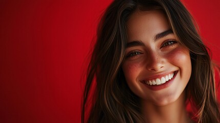 Naklejka premium Smiling woman poses in professional studio setting against a vibrant background