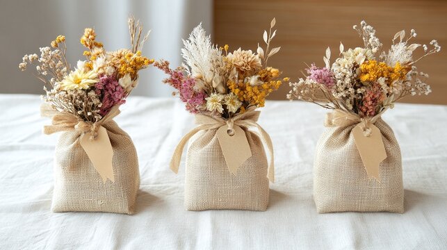 Wedding favors packaging in craft bags with custom label and dry flowers decoration ecological party diy handmade souvenirs in natural color : Generative AI
