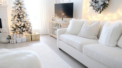 Cozy living room adorned with festive Christmas decorations and a white sofa, AI