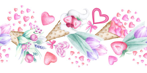 Waffle cone with flying hearts, bouquet of flowers and strawberry ice cream in pastel color. Watercolor isolated seamless border. Hand draw festive banner for Valentines, Mother and Women Day design.