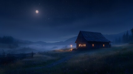 A serene wooden cabin at night under a full moon, surrounded by misty fields.