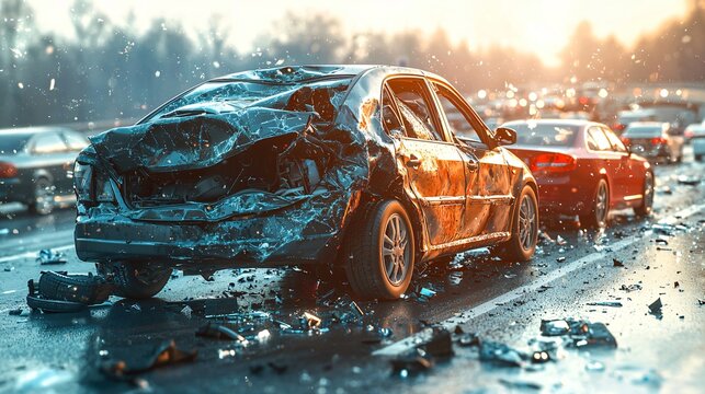 Rear-end collision involving multiple vehicles on busy freeway during sunset