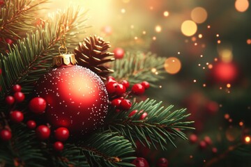 Christmas decoration with red ornament and pinecones festive atmosphere nature close-up holiday spirit magical environment