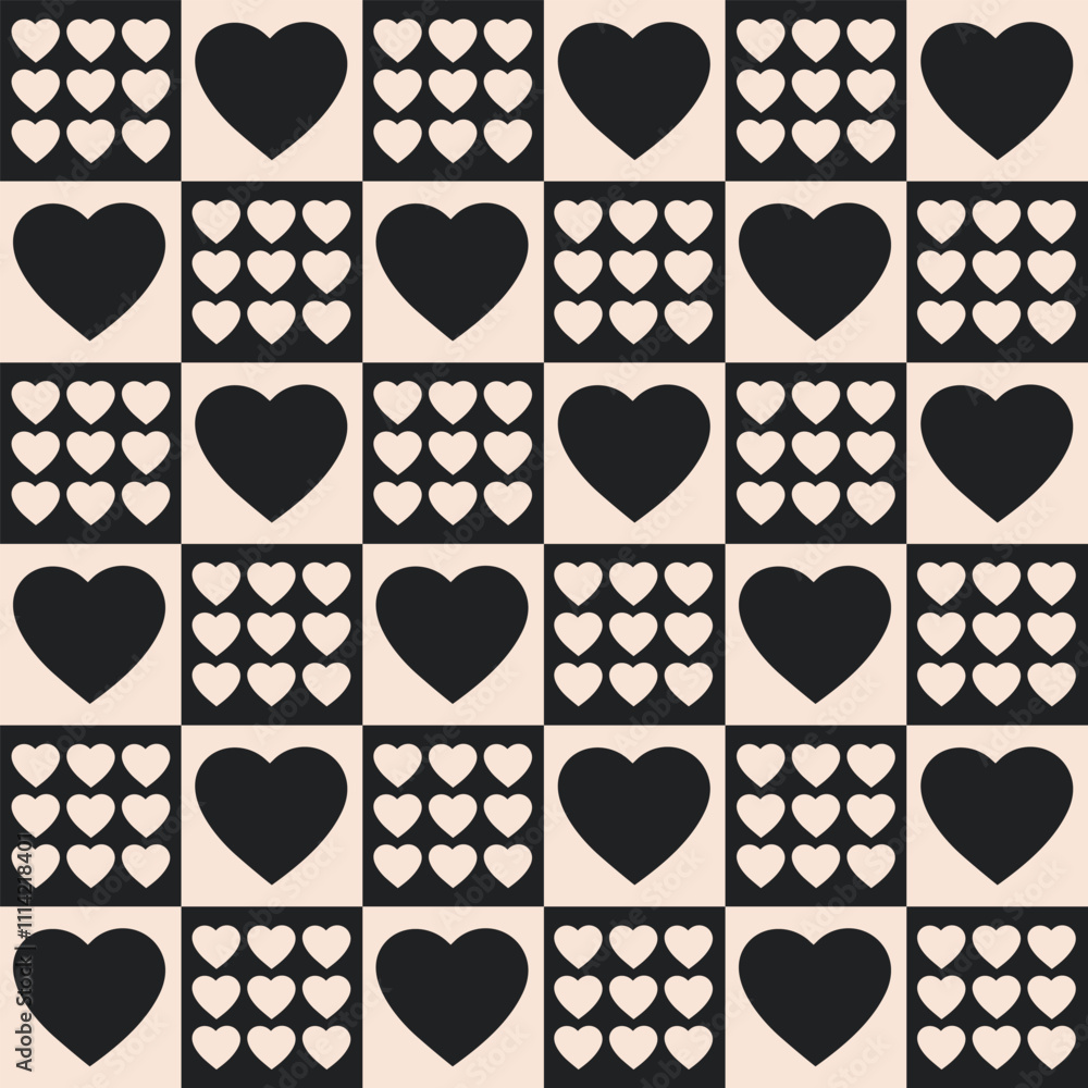 Poster monochrome seamless pattern with hearts on a checkered background. modern retro illustration for dec