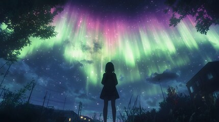 A young girl admires the vibrant northern lights at night, silhouetted against the sky.