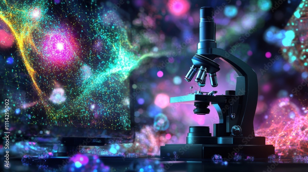 Aufkleber colorful scientific exploration with a microscope and glowing visual effects in a laboratory setting
