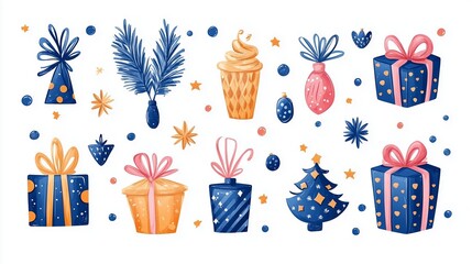 A set of Christmas decorations including a tree, cupcakes, balloons, and presents. The decorations are colorful and festive, creating a joyful and celebratory mood