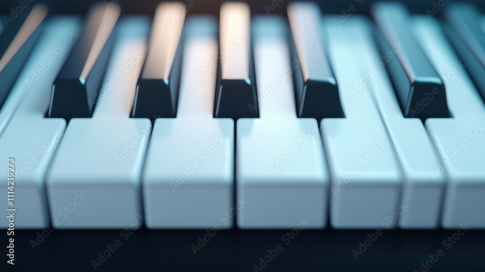 Poster 3d rendering register concept, close-up shot of piano keys with light reflections and detailed textu