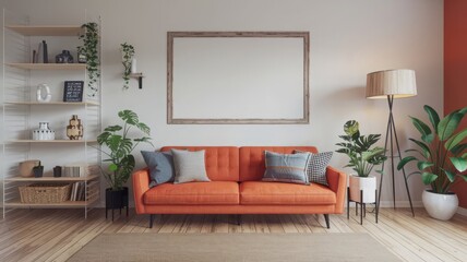 Obraz premium Stylish Living Room with Orange Sofa and Green Plants. Charming living room featuring a vibrant orange sofa, decorative cushions, and lush green plants, perfect for modern home decor.